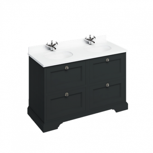 Burlington Matt Black Freestanding 130 Unit with White Worktop, Drawers & 2 Integrated White Basins