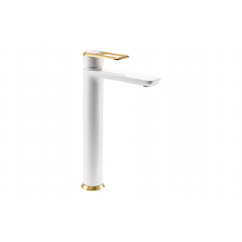 Abode Levarto Tall Basin Mixer - Matt White & Brass Abode Levarto Tall Basin Mixer - Matt White & Brass