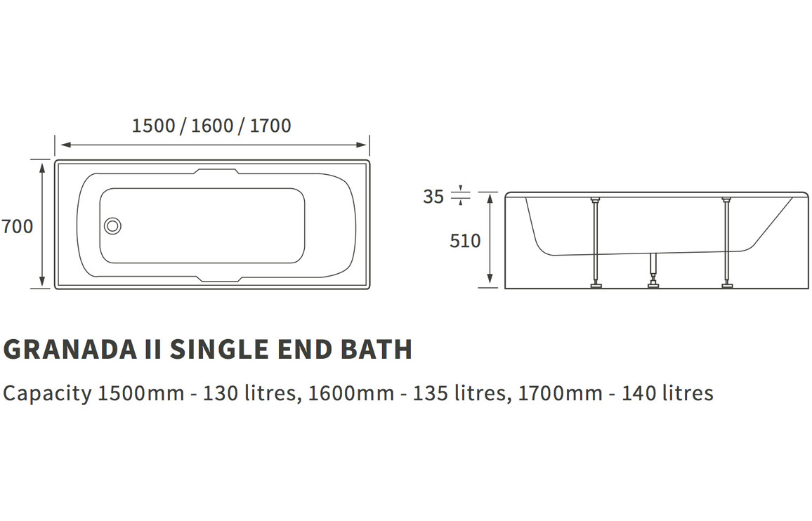 Granada II Single End Twin Grip Textured Base 8mm 1700x700x510mm 2TH Bath Granada II Single End Twin Grip Textured Base 8mm 1700x700x510mm 2TH Bath