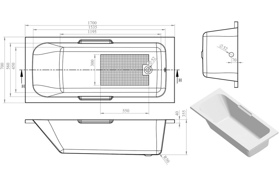 Baltimore Gripped SUPERCAST 1700x700x550mm 0TH Bath w/Legs