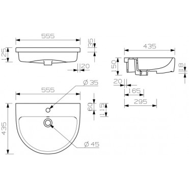 Cilantro 555x435mm 1TH Semi Recessed Basin