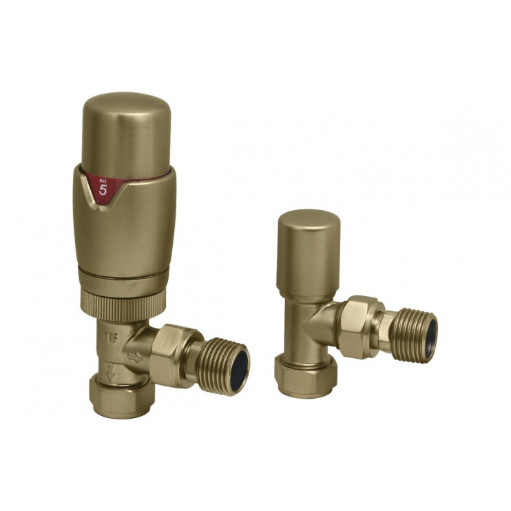Round Thermostatic Brushed Brass Radiator Valves - Angled