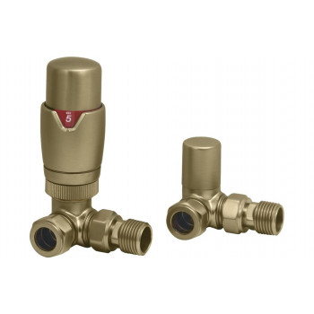 Round Thermostatic Brushed Brass Radiator Valves - Corner Round Thermostatic Brushed Brass Radiator Valves - Corner