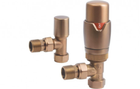 Round Thermostatic Brushed Bronze Radiator Valves - Angled