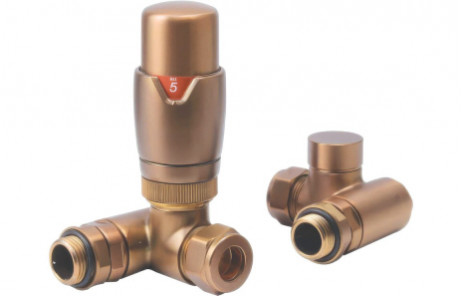 Round Thermostatic Brushed Bronze Radiator Valves - Corner