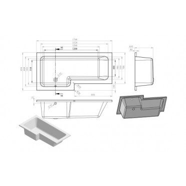 Shower Bath DIBSH024 L-Shape Single End 1700x700-850x410mm 0TH Bath Only (LH)