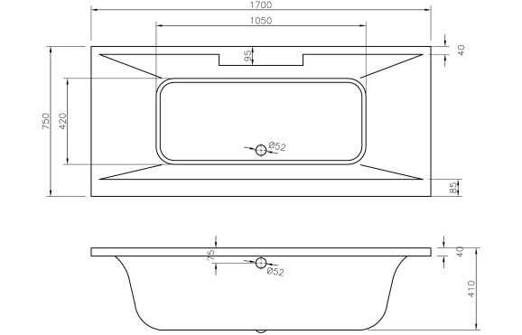 Malone Deluxe Square Double End 1700x750x550mm 0TH Bath w/Legs
