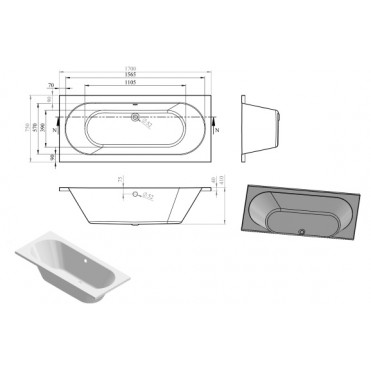 Miami Round Double End 1700x750x550mm 0TH Bath w/Legs
