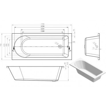 Miami Round Single End 1700x750x550mm 0TH Bath w/Legs