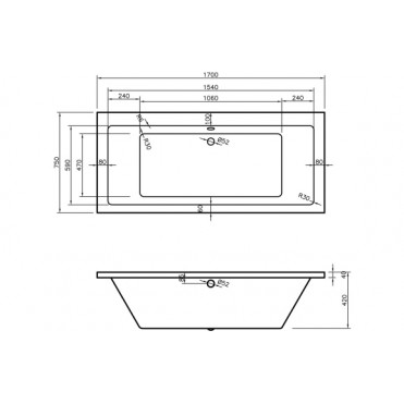 Navarre Square Double End 1700x750x550mm 0TH Bath w/Legs