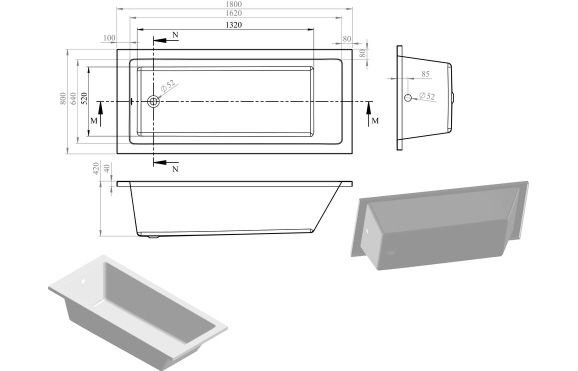 Navarre Square Single End 1800x800x550mm 0TH Bath w/Legs