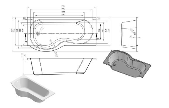 P-Shape Single End 1700x700-850x410mm 0TH Bath Only (LH)