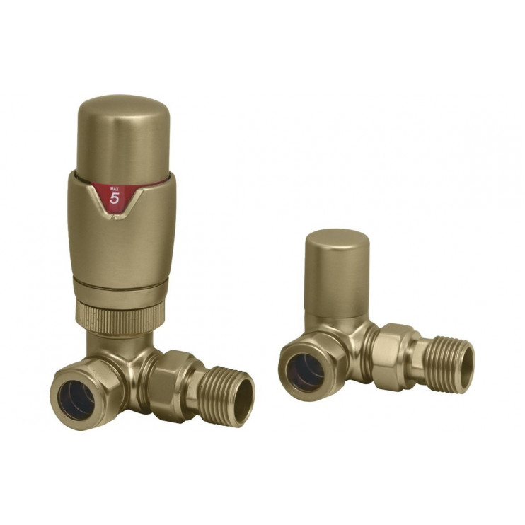 Round Thermostatic Brushed Brass Radiator Valves - Corner