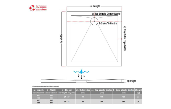 28mm Anti-Slip Ultra-Slim 800mm Square Tray & Waste