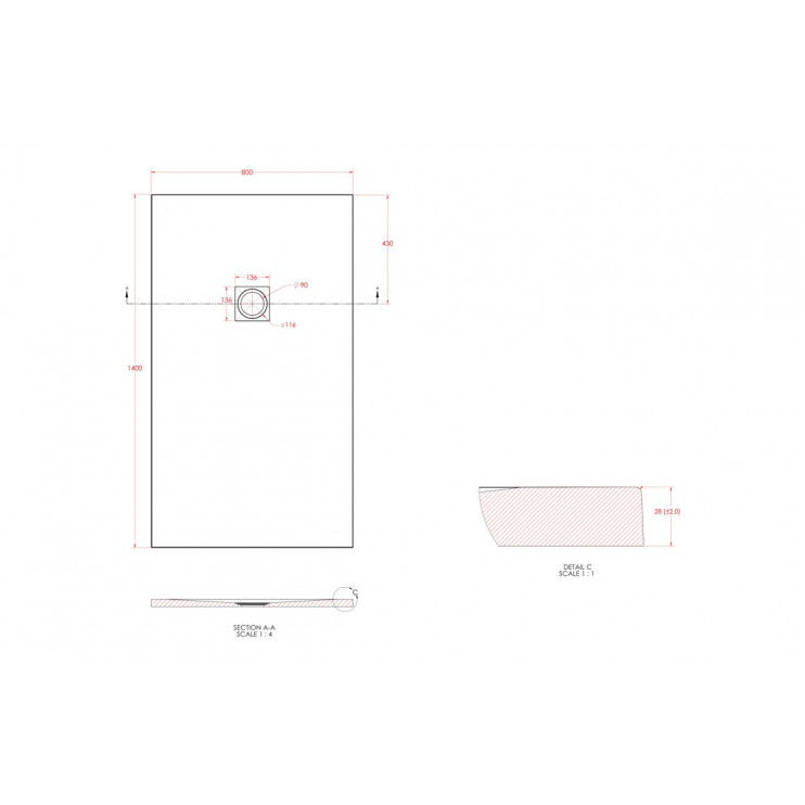 25mm 1400x800mm Slate Effect Ultra-Slim Rectangular Tray & Waste