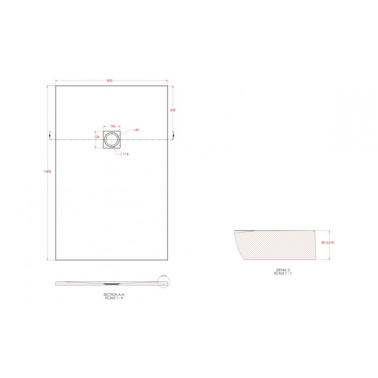 25mm 1400x900mm Slate Effect Ultra-Slim Rectangular Tray & Waste