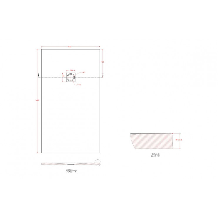 25mm 1600x900mm Slate Effect Ultra-Slim Rectangular Tray & Waste