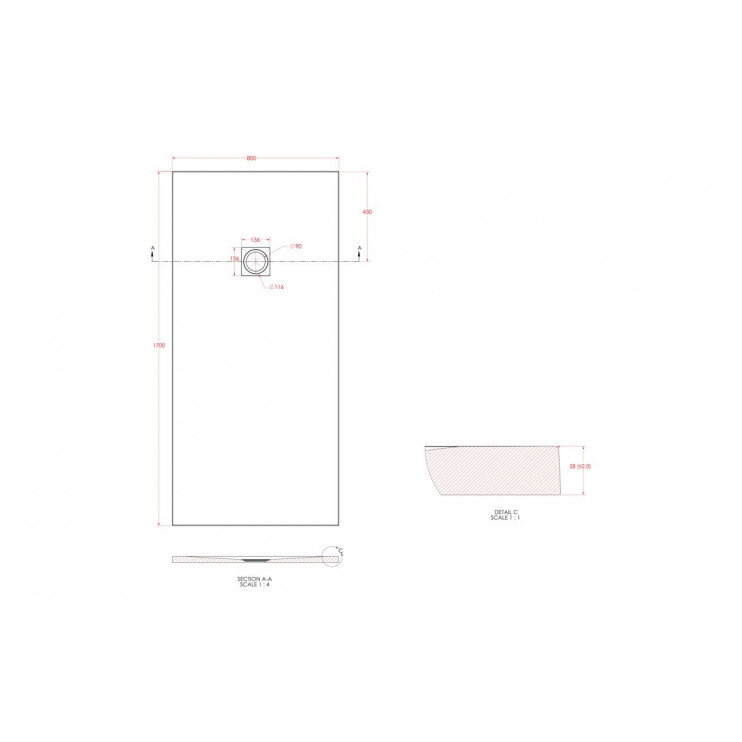 25mm 1700x800mm Slate Effect Ultra-Slim Rectangular Tray & Waste