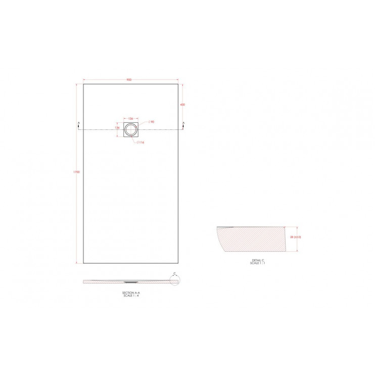 25mm 1700x900mm Slate Effect Ultra-Slim Rectangular Tray & Waste