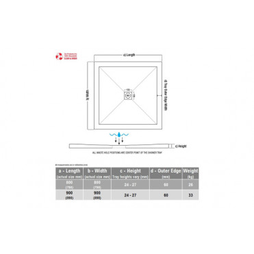 25mm Ultra-Slim 900mm x 900mm Square Tray & Waste