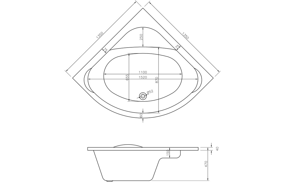 Tybee Standard 1350x1350x620mm 0TH Corner Bath w/Legs
