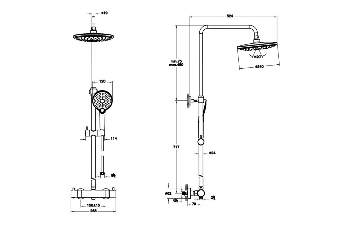 VitrA Aquaheat Bliss 240 Thermostatic Shower Column w/2-Function Overhead - Brushed Nickel VitrA Aquaheat Bliss 240 Thermostatic Shower Column w/2-Function Overhead - Brushed Nickel