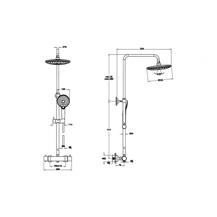 VitrA Aquaheat Bliss 240 Thermostatic Shower Column w/2-Function Overhead - Matt Black