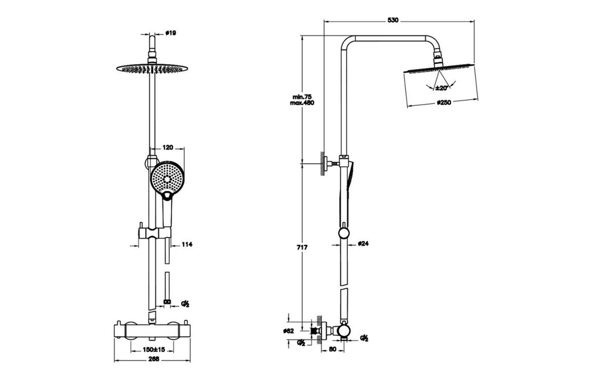 VitrA Aquaheat Bliss 250 Thermostatic Shower Column - Chrome VitrA Aquaheat Bliss 250 Thermostatic Shower Column - Chrome