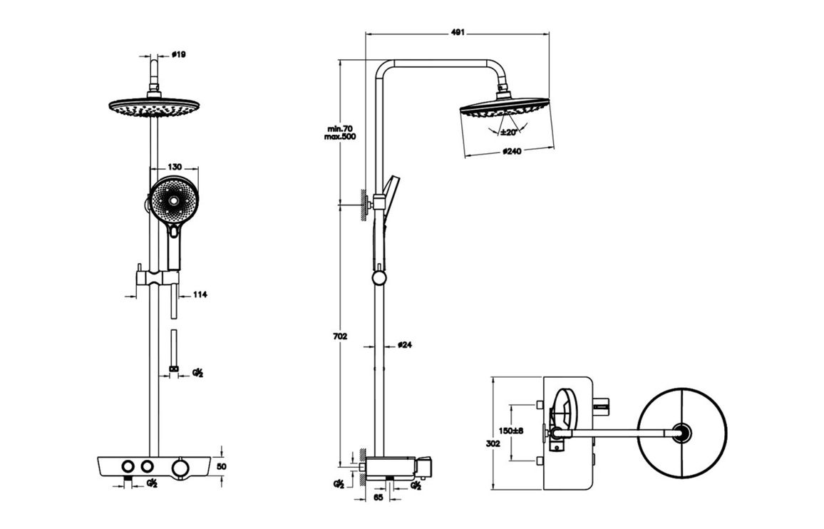 VitrA Aquaheat Charm 240 Shower Set w/2-Function Overhead & Shelf - Chrome