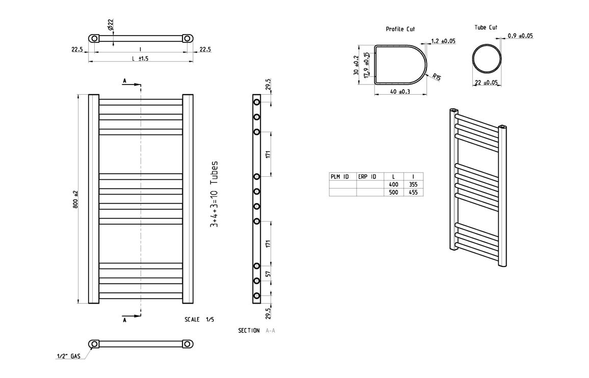 Grada Straight 30mm Ladder Radiator (500x800x30mm) - Brushed Brass