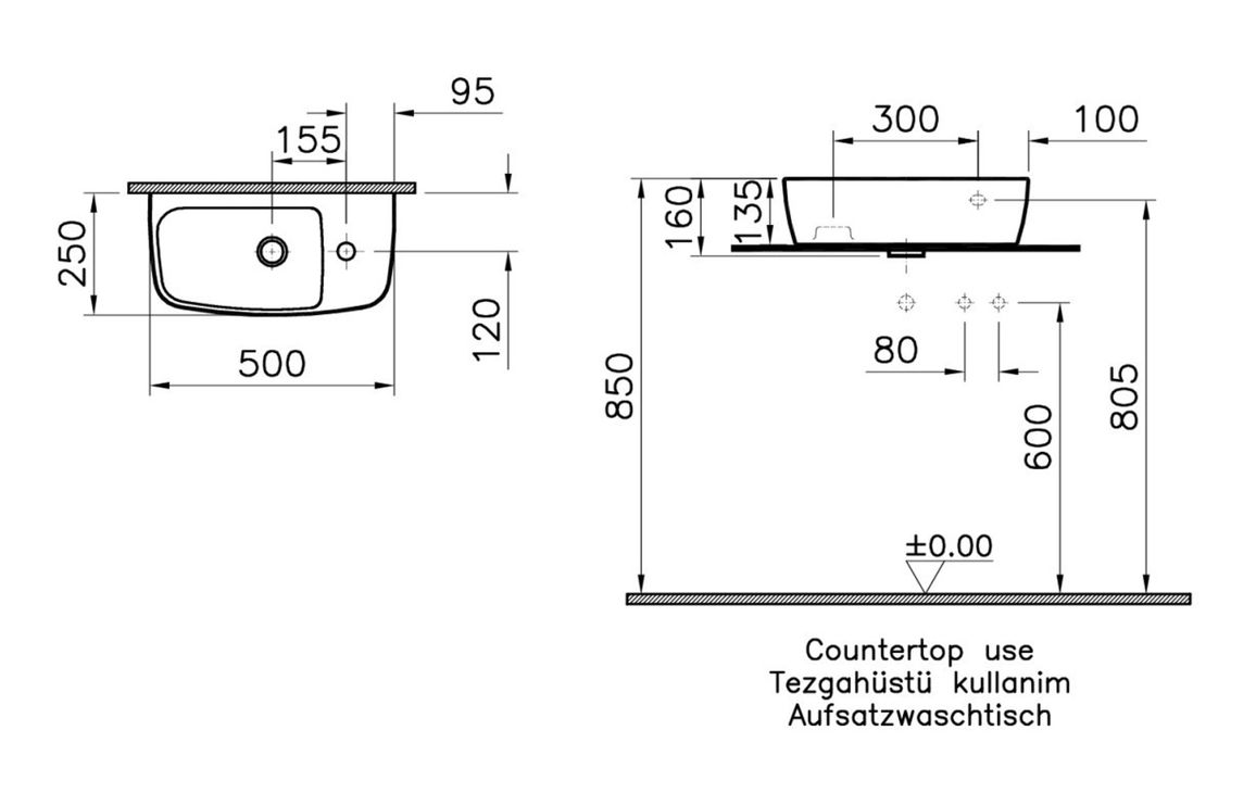 VitrA Shift 500x250mm 1TH Countertop Washbowl (RH) - White