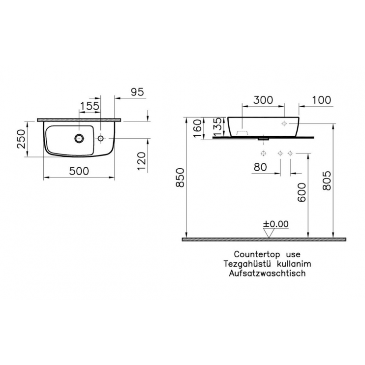 VitrA Shift 500x250mm 1TH Countertop Washbowl (RH) - White VitrA Shift 500x250mm 1TH Countertop Washbowl (RH) - White