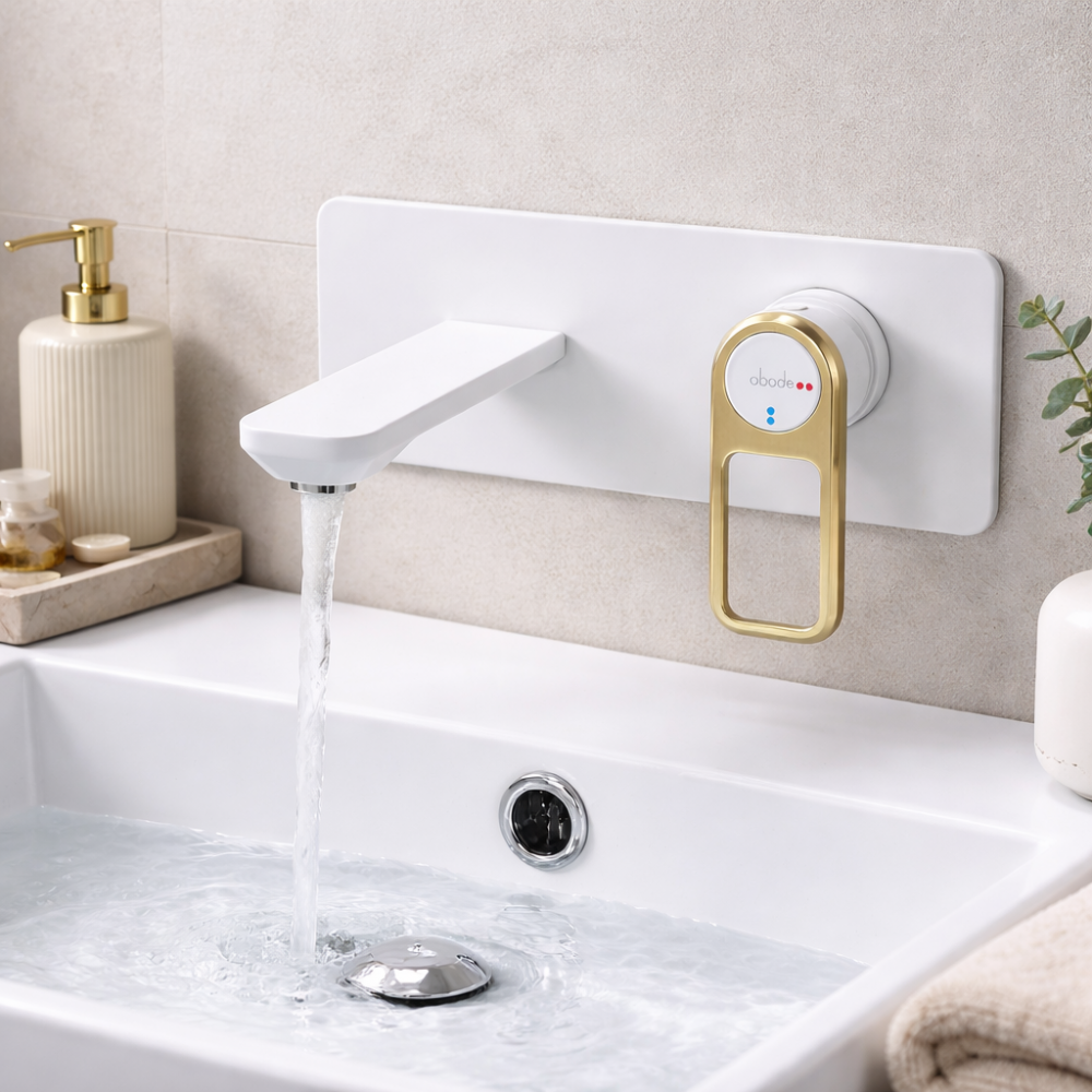 Bathroom Basin Mixers Coloured AB2791 Abode Levarto Wall Mounted Basin/Bath Mixer - Matt White & Brass