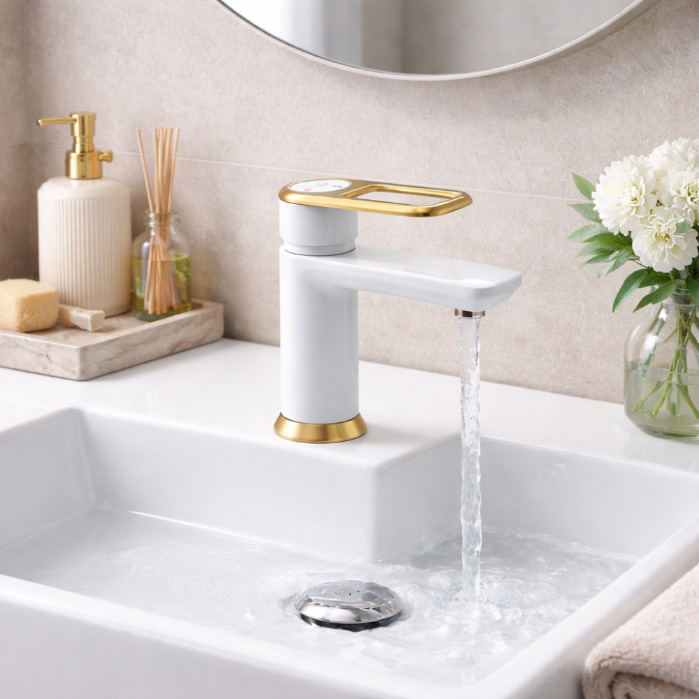 Bathroom Basin Mixers Coloured AB2781 Abode Levarto Basin Mixer - Matt White & Brass