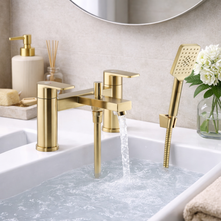 Abode Aquip Deck Mounted Bath Shower Mixer - Brushed Brass Bathroom Taps
