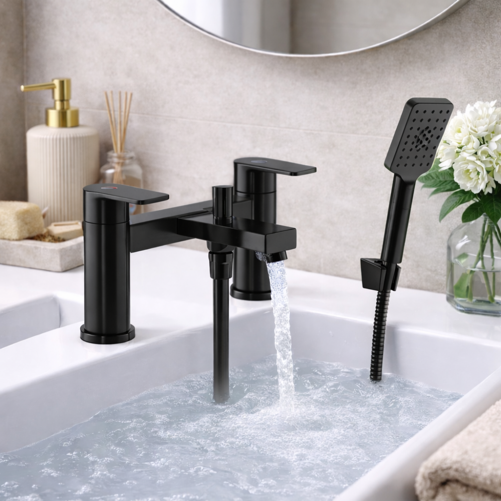 Aquip Range of Bathroom Taps & Mixers AB2834 Abode Aquip Deck Mounted Bath Shower Mixer - Matt Black Bathroom Taps