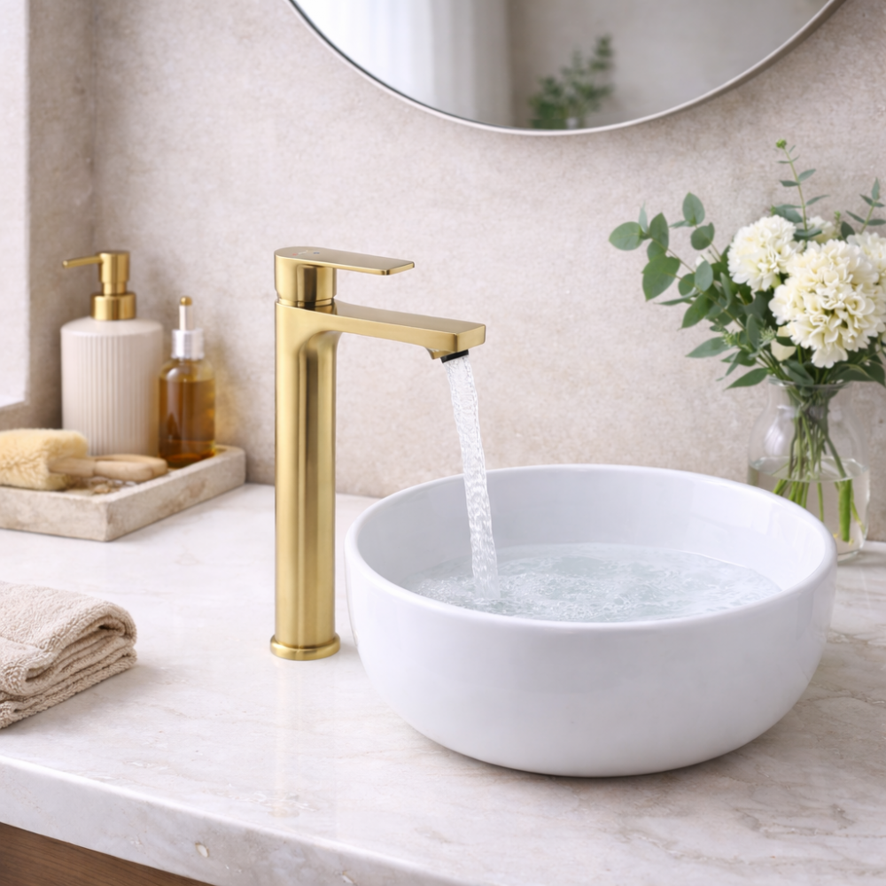 Abode Aquip Tall Basin Mixer - Brushed Brass Bathroom Taps