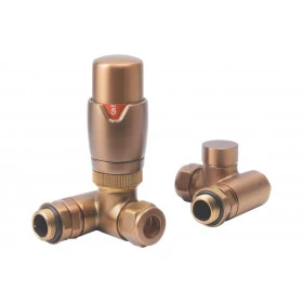 Round Thermostatic Brushed Bronze Radiator Valves - Corner